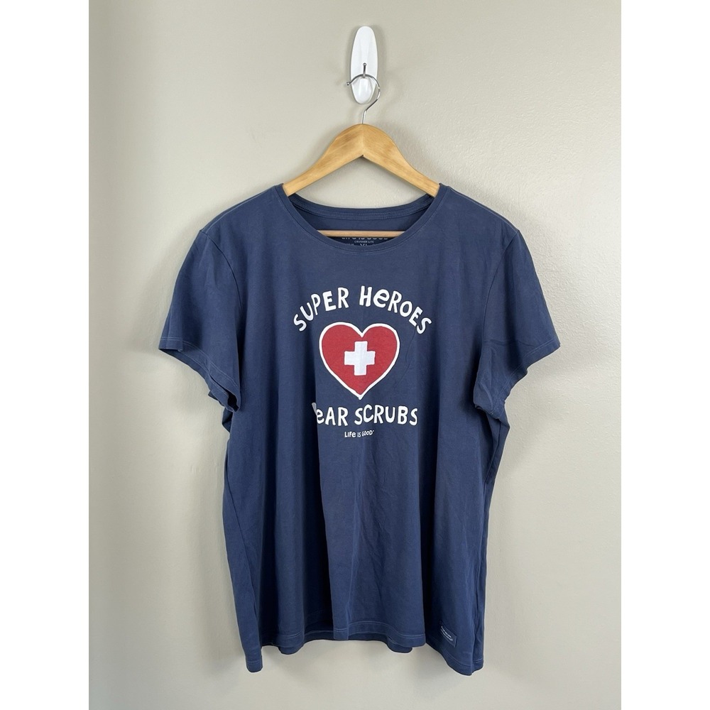 Life Is Good Women's Sz XL Super Heroes Wear Scrubs Graphic T Shirt Top
